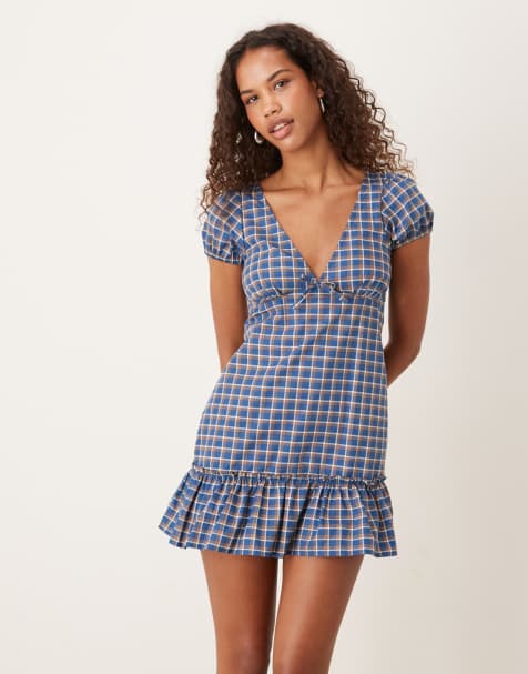 Motel Marika tartan plaid mini dress in blue - view 1