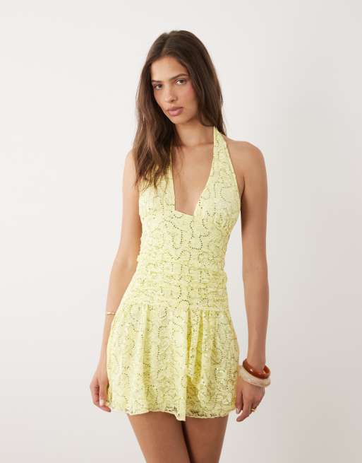 Motel – Marty – Minikleid in Limettengrün mit Neckholder und Paillettendetail, 2 von 4