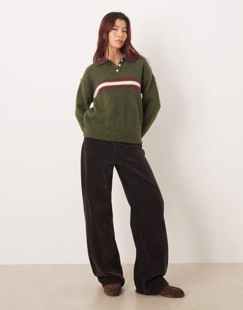 Motel Marvina striped knit polo jumper in khaki - view 1