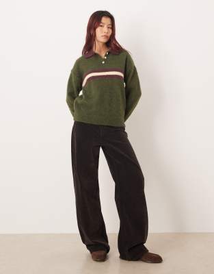 Motel Marvina Striped Knit Polo Sweater In Green