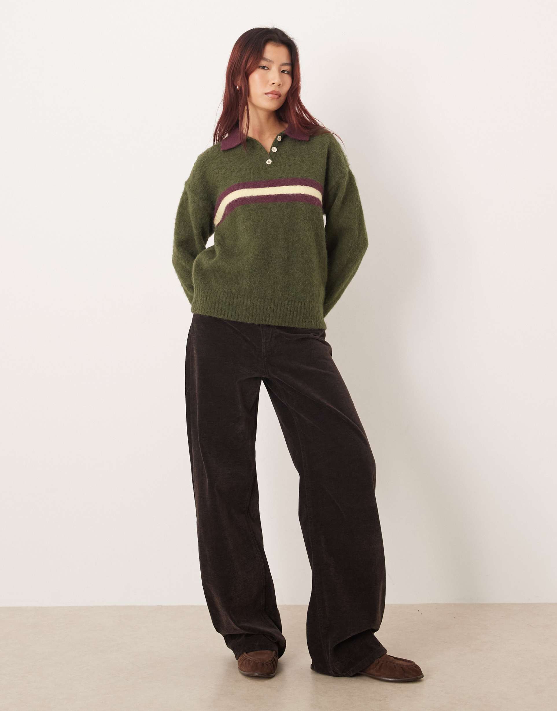 motel marvina striped knit polo sweater in khaki