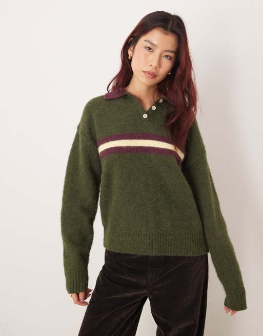 Motel Marvina striped knit polo sweater in khaki, 3 of 4