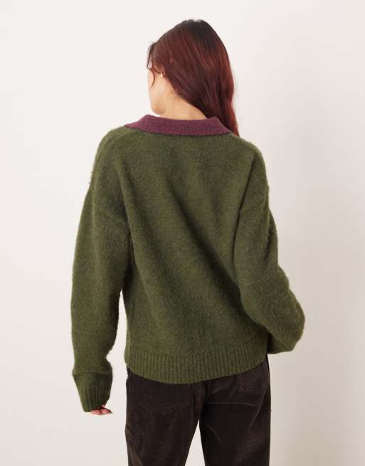 Motel Marvina striped knit polo sweater in khaki, 4 of 4