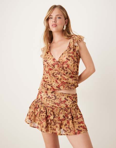 Motel masama floral print ruffle chiffon co-ord mini skirt in rust - view 1