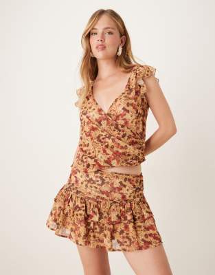 masama floral print ruffle chiffon mini skirt in rust - part of a set-Brown