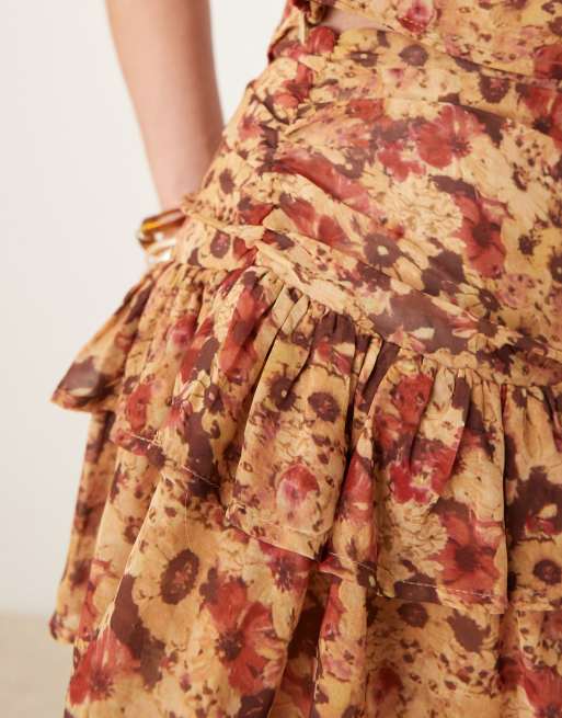 Motel masama floral print ruffle chiffon mini skirt in rust - part of a set, 3 of 5