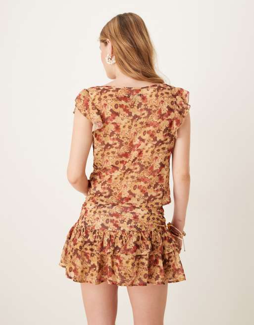 Motel masama floral print ruffle chiffon mini skirt in rust - part of a set, 4 of 5