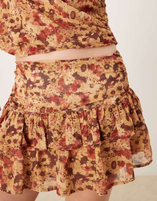 Motel masama floral print ruffle chiffon mini skirt in rust - part of a set, 5 of 5