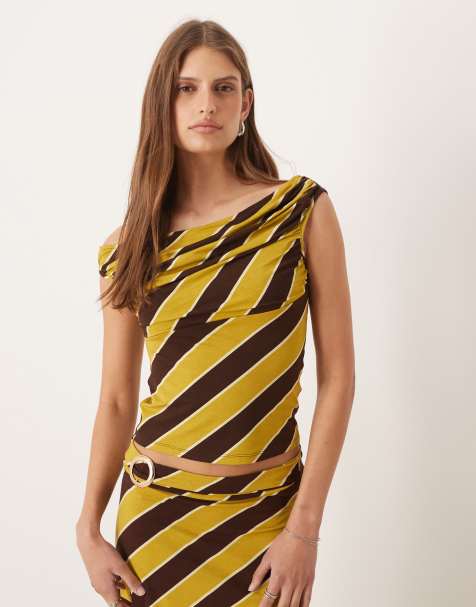 Motel Maurisia off shoulder striped co-ord top in yellow brown - view 1