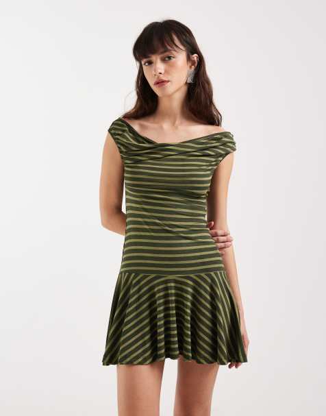 Motel Mausari off the shoulder floaty mini dress in khaki-green stripes - view 1