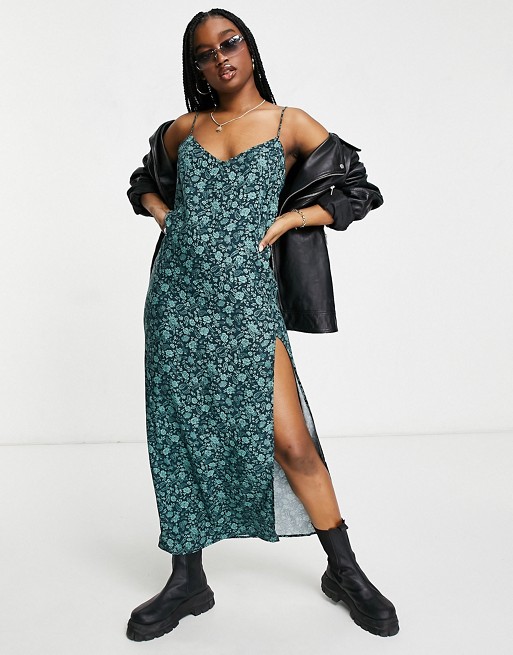 Motel maxi slip dress with thigh split in green floral