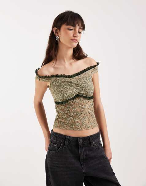 Motel Mayu ruffle trim  off shoulder lace top in sage green - view 1
