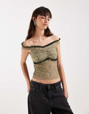 Motel Mayu Ruffle Trim Off The Shoulder Lace Top In Brown