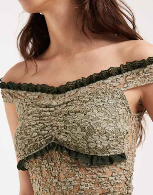 Motel Mayu ruffle trim off the shoulder lace top in sage green, 3 of 4