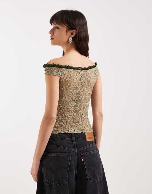 Motel Mayu ruffle trim off the shoulder lace top in sage green, 4 of 4