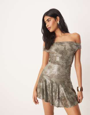 Motel Meden Sequin Off-shoulder Mini Dress In Silver