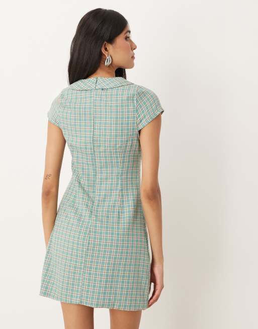 Motel Medora colllared mini dress in teal check