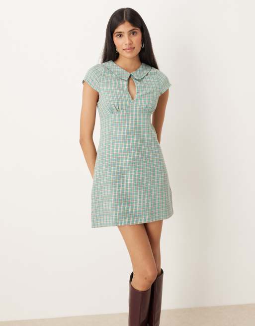Motel Medora colllared mini dress in teal check