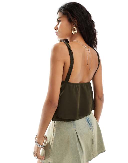 Motel melinda frill chiffon camisole top in khaki | ASOS