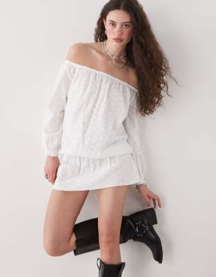 melisandre eyelet off the shoulder mini smock dress in ivory-White