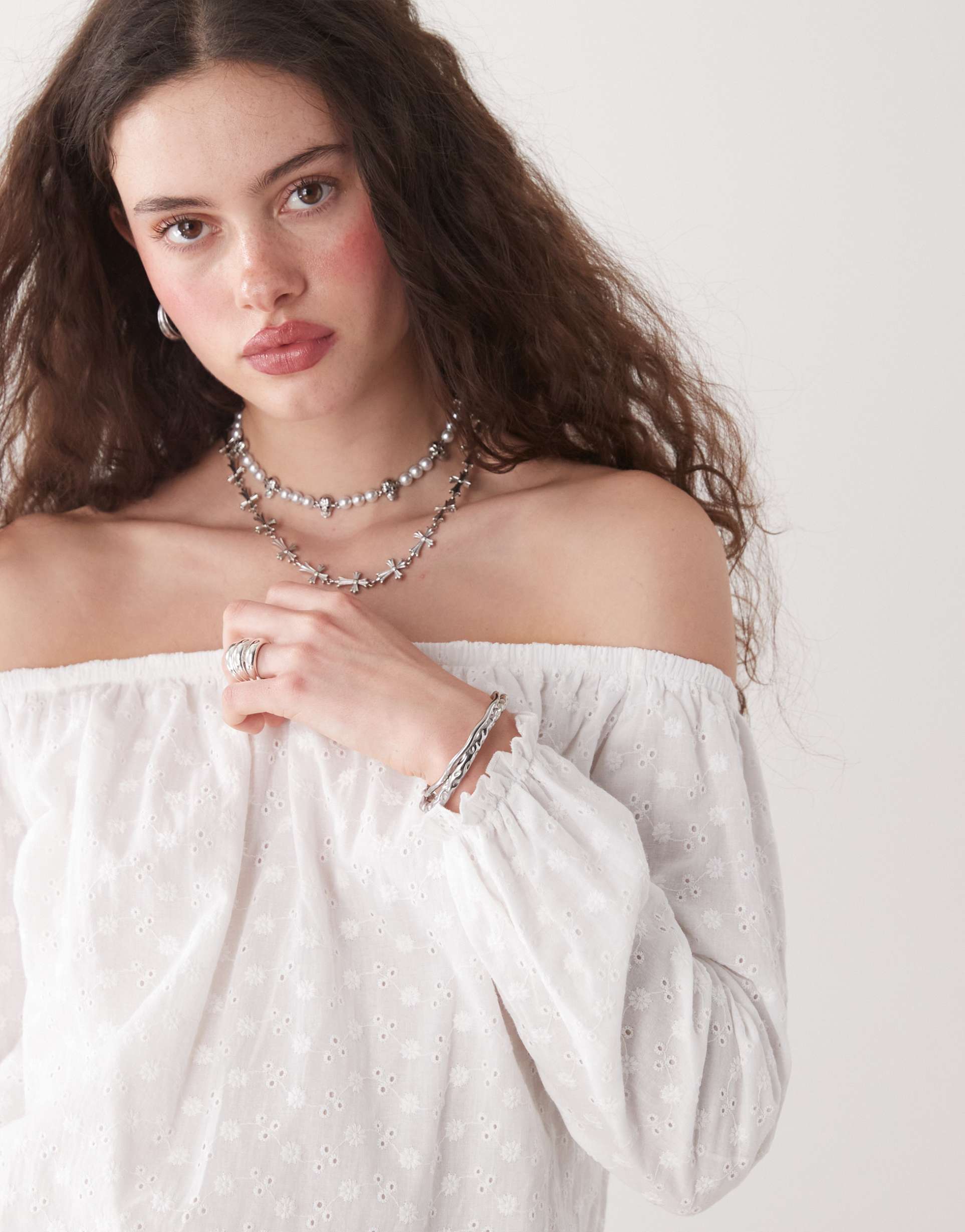 motel melisandre eyelet off the shoulder mini smock dress in ivory