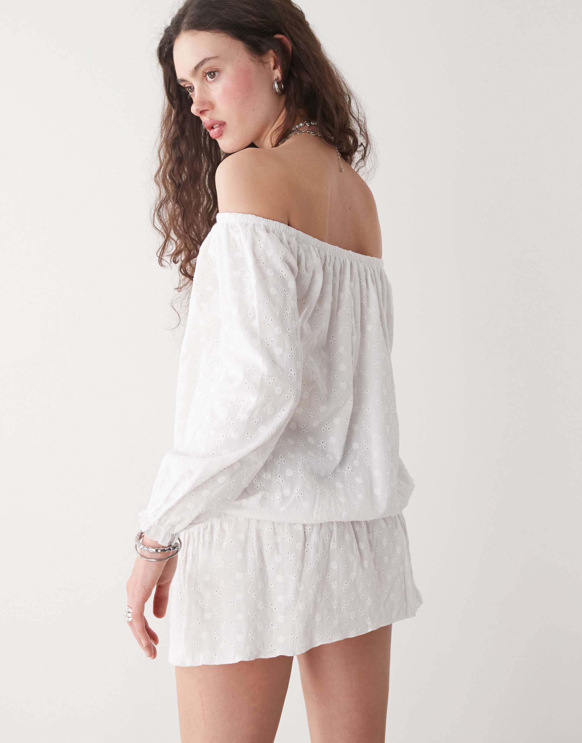 motel melisandre eyelet off the shoulder mini smock dress in ivory