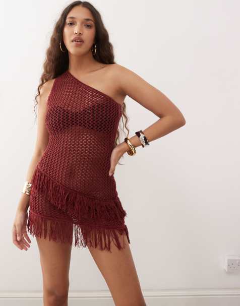 Motel meloka crochet fringe detail one-shoulder mini dress in berry - view 1