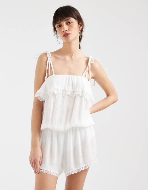 Motel Melosa lace trim romper in white, 2 of 3
