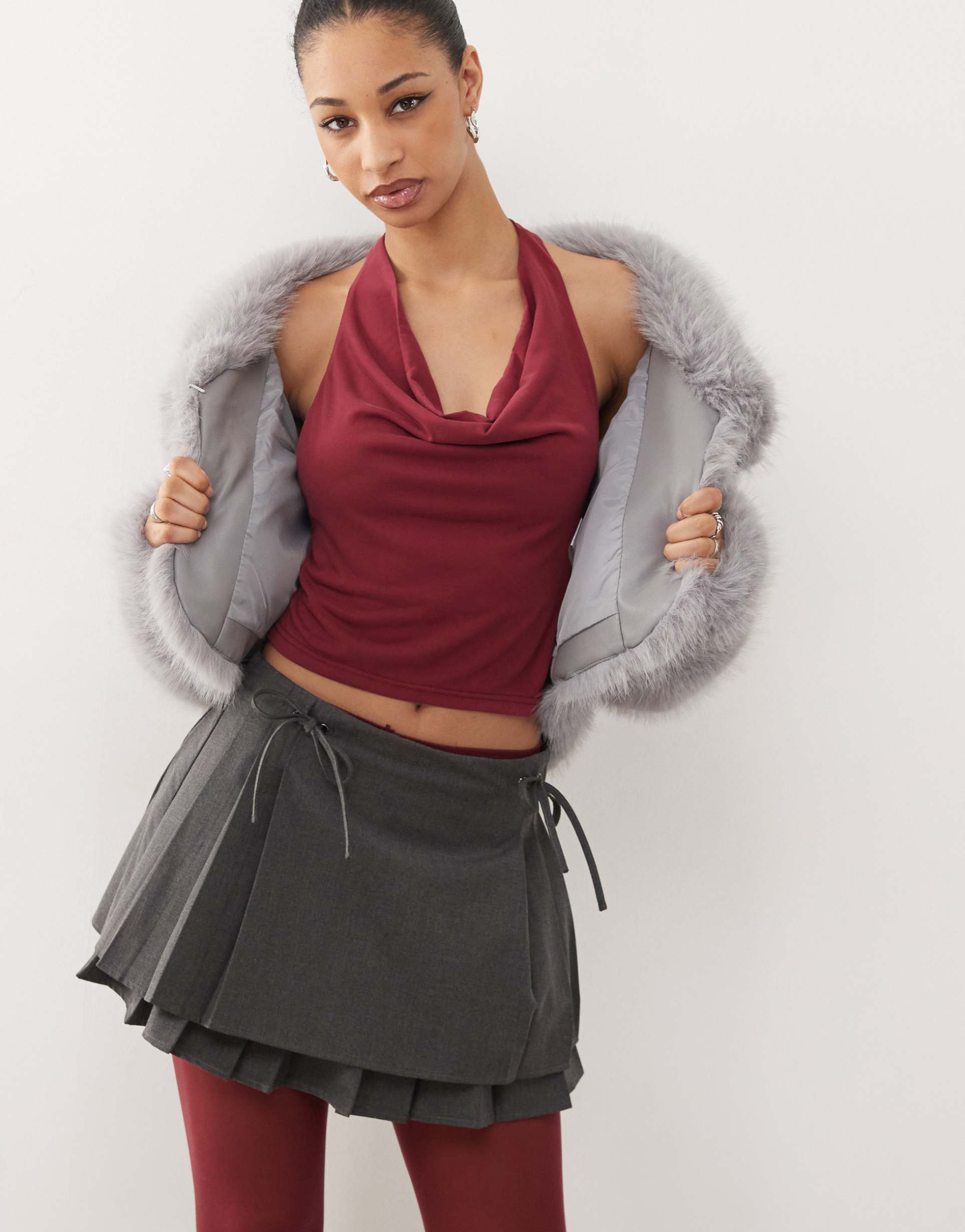 motel menora cowl neck halter top in burgundy