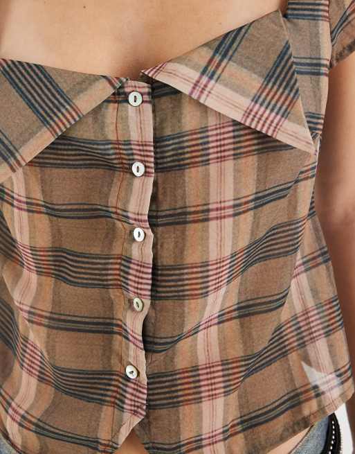Motel - Meraki - Blusa con scollo squadrato e bottoni rosa sfumato e marrone a quadri, 2 di 4