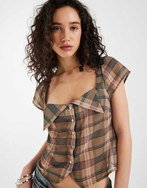 Motel Meraki square neck button up blouse in blurry pink brown check - view 1