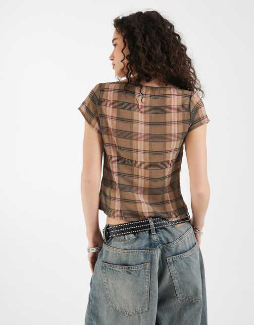 Motel Meraki square neck button up blouse in blurry pink brown check, 4 of 4