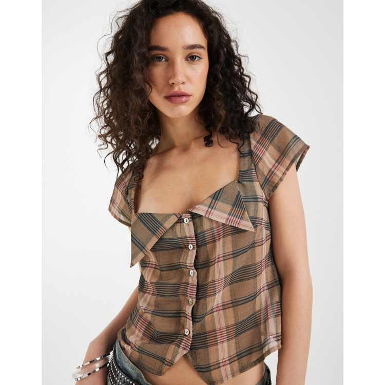 Motel Meraki square neck button up blouse in blurry pink brown
