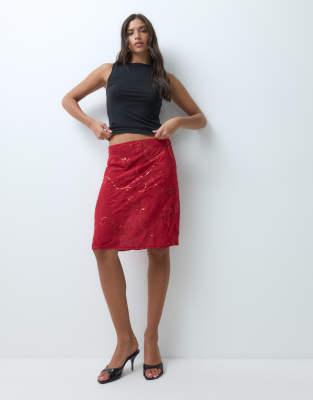 Motel Meria Beaded Sequin Chiffon Midi Skirt In Red