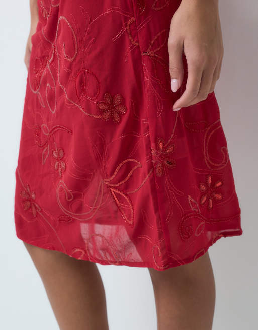 Motel Meria gonna midi in chiffon con perline e paillettes rossa, 5 di 5
