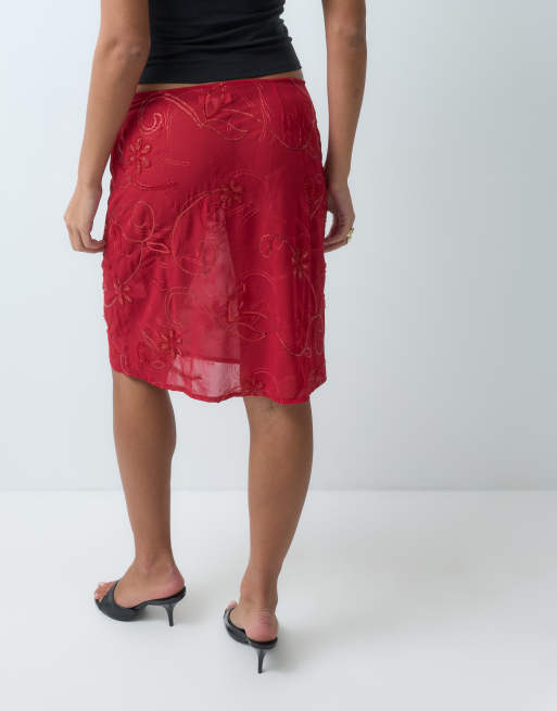 Motel Meria midikjol i chiffong med pärlor och paljetter i rött, 4 av 5