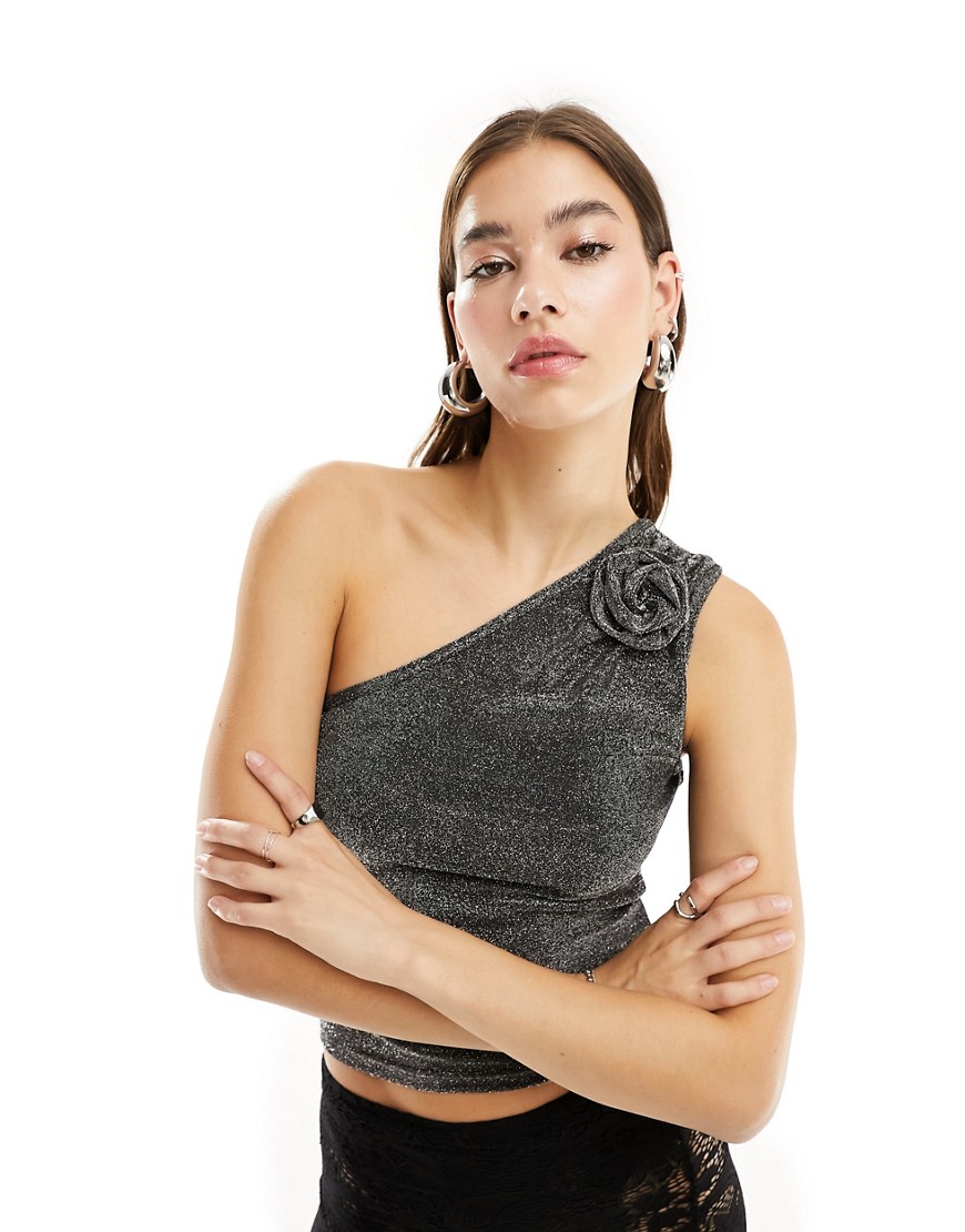 Motel metallic one shoulder corsage detail top in silver