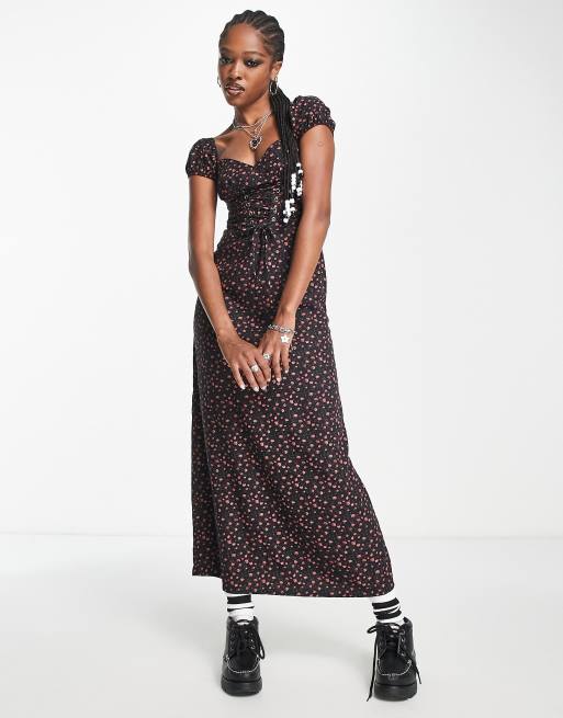 Motel - Midaxi grunge jurk met print van rozenknopjes en kruisbandjes in zwart