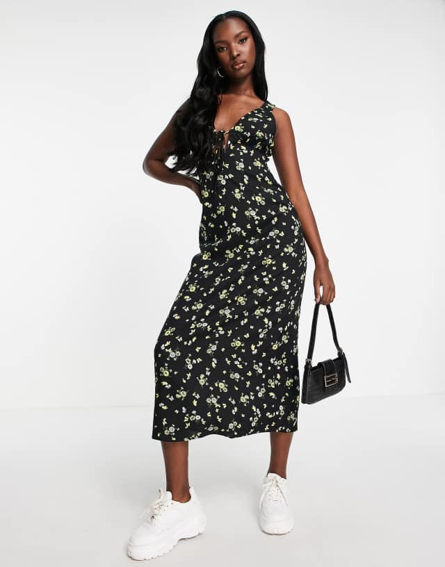 Motel midaxi tea dress with tie front in lemon black floral