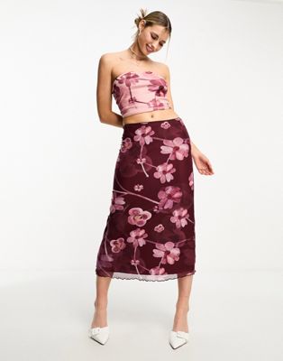 Motel midaxi tube skirt co-ord in watercolour floral berry - ASOS Price Checker