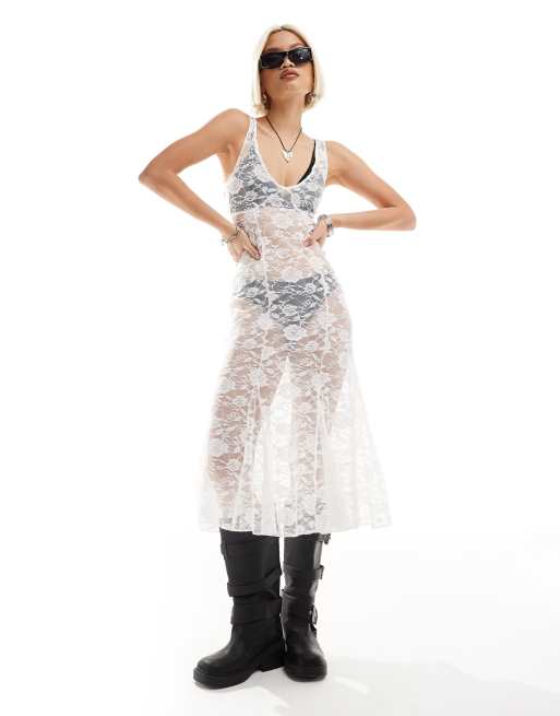Motel - Midi jurk van kant met rozenprint in wit