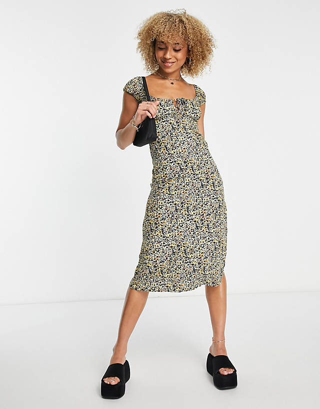 Motel - midi milkmaid tea dress with thigh split in grunge yellow floral