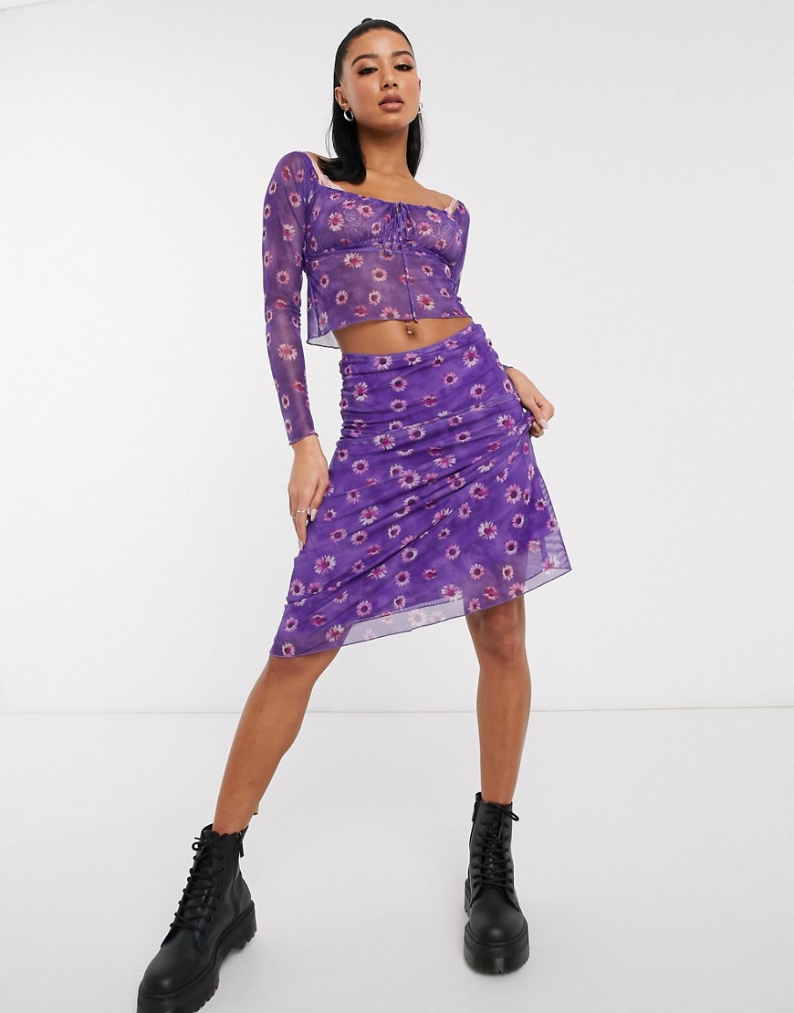 Motel midi skirt in floral print mesh co-ord-Purple