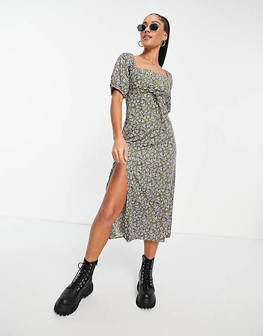 Motel midi tea dress with ruched bust and thigh split in floral