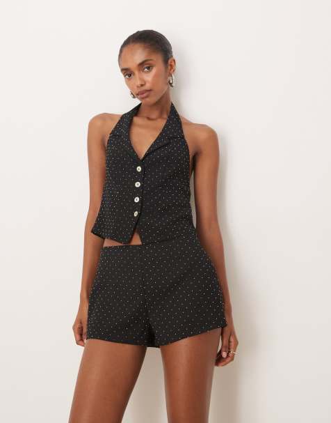 Motel - Mikanu - Gilet de tailleur boutonné à col V et strass - Noir - view 1