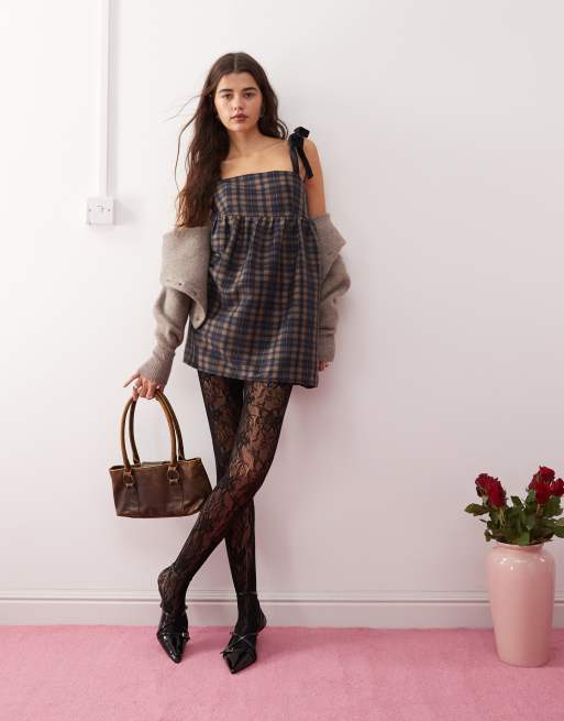 Motel mikayla square neck check cami dress in navy | ASOS