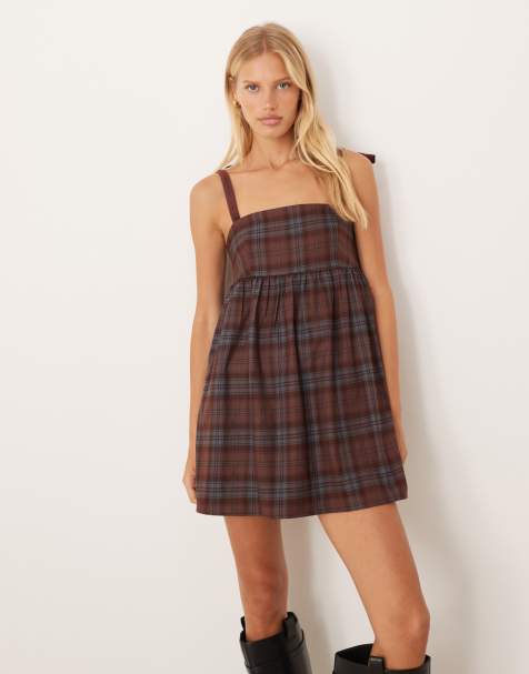 Motel Mikayla tie up shoulders pinafore dress in burgundy tartan plaid - view 1