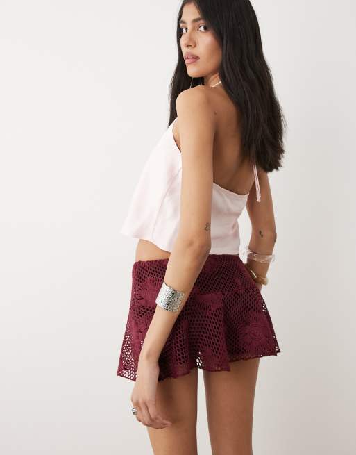 Motel Miki crochet mini skirt in burgundy, 5 of 5