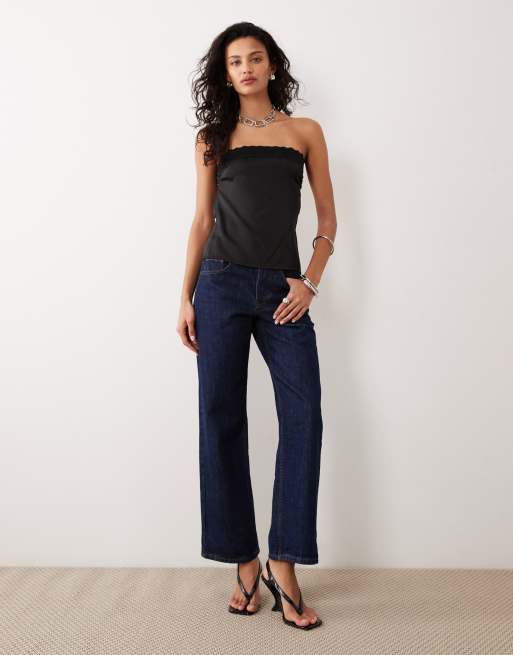 Motel Minae tie waist satin bandeau top in black, 4 of 4