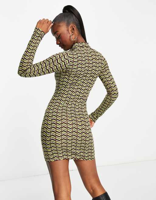 princess polly baby blue dress Motel mini bodycon dress with v-neck collar detail in green chevron